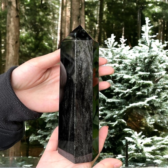 Large 2LB Silver Black Obsidian Natural Crystal Obelisk Tower